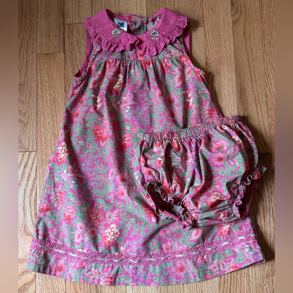 April Cornell Pink and Green Floral Dress and Bloomers, Baby Girl 12-18mos - Picture 7 of 10